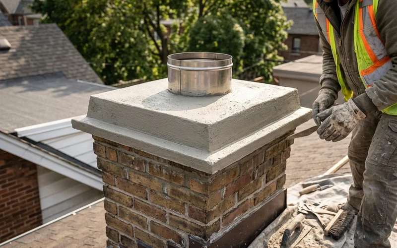 New cast-in-place chimney crown with overhang, drip edge and flue liner
