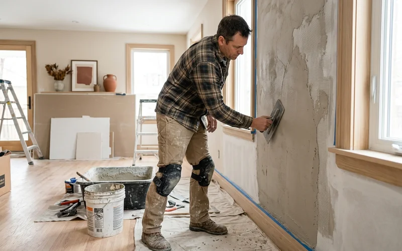 Craftsman hand-troweling microcement on a primed wall
