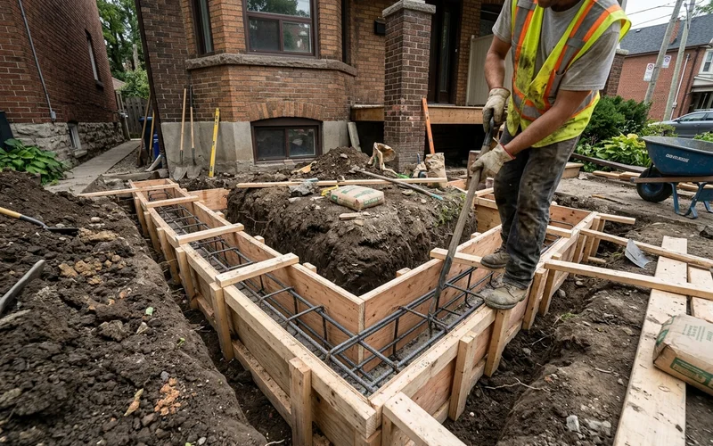 Frost-depth footing forms with rebar for a new front porch