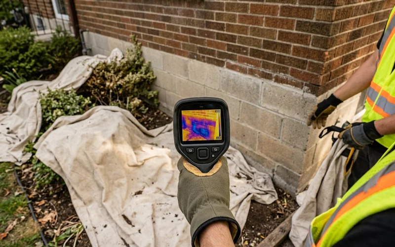 Infrared moisture scan showing damp zones on a block foundation before parging