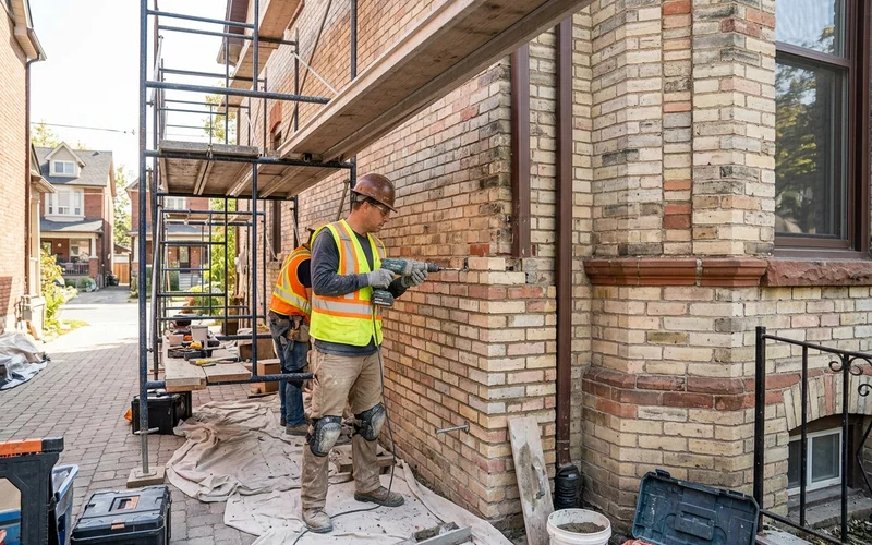 Mason installing stainless helical wall ties through brick veneer