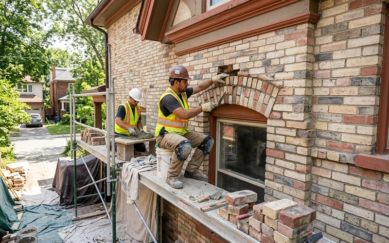 Mason rebuilding a brick jack arch over a window on an Edwardian facade