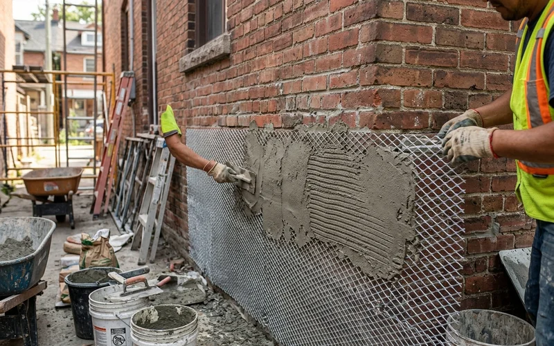 Metal lath and scratch coat on an exterior wall