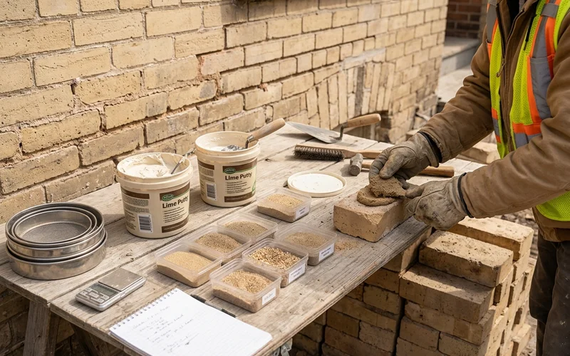 Mortar analysis samples, sand grading and lime putty beside heritage brick
