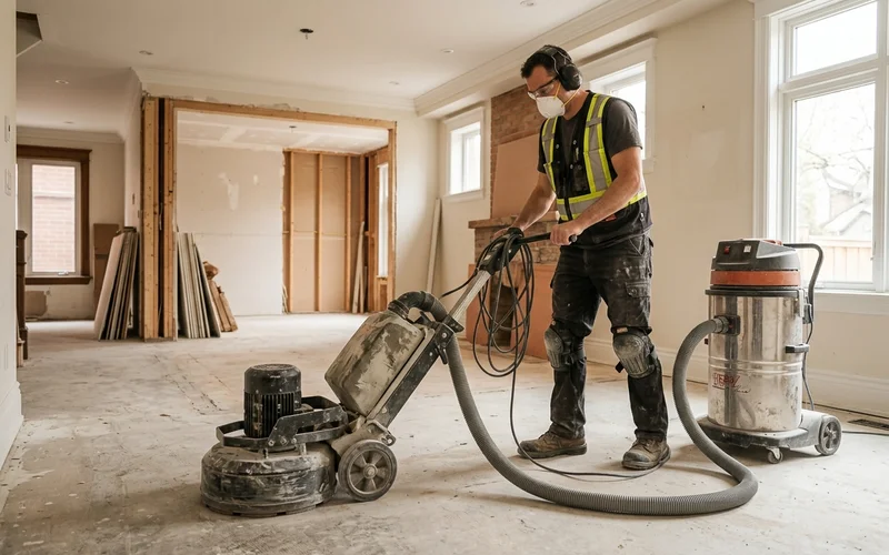 Operator running a planetary diamond grinder with HEPA vacuum
