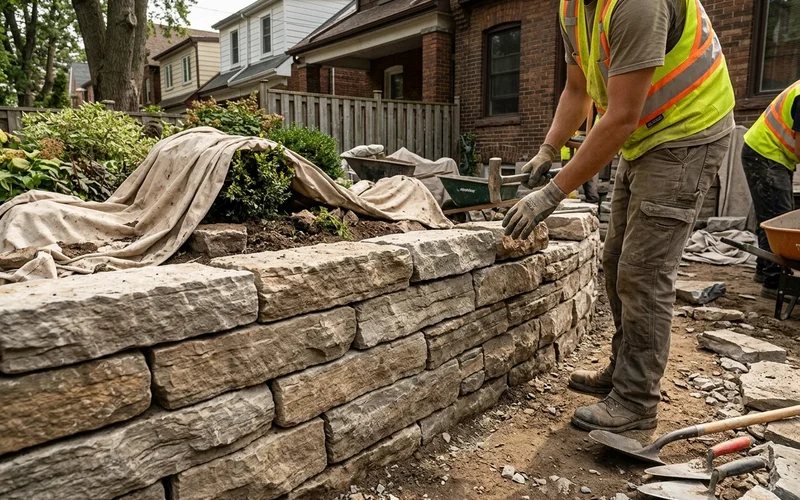 Owen Sound ledgerock garden retaining wall in a Toronto backyard