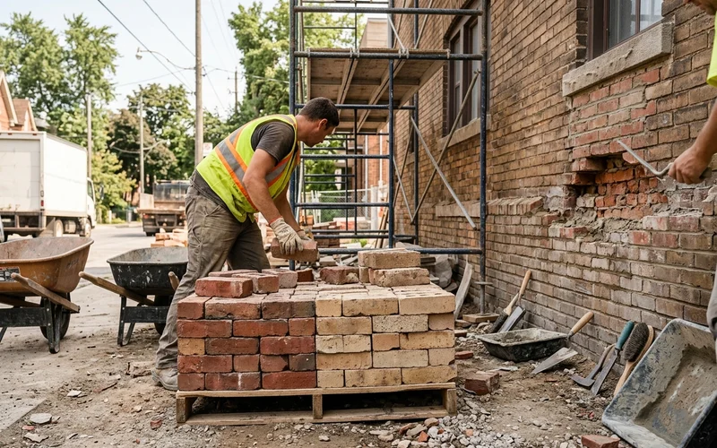 Reclaimed Toronto red and buff bricks sorted by colour beside a wall under repair