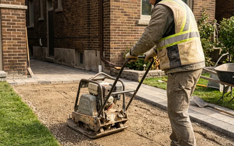 Plate compactor compacting granular base for an interlock driveway