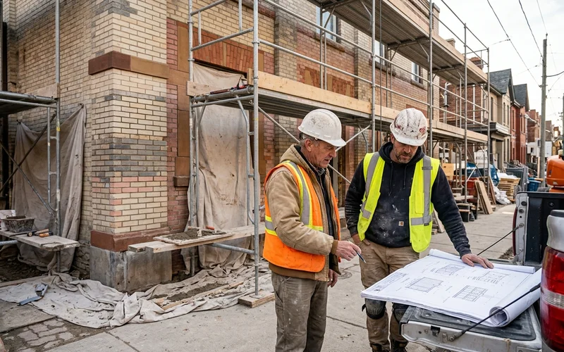 Master mason reviewing BCIN stamped masonry drawings on a Toronto job site