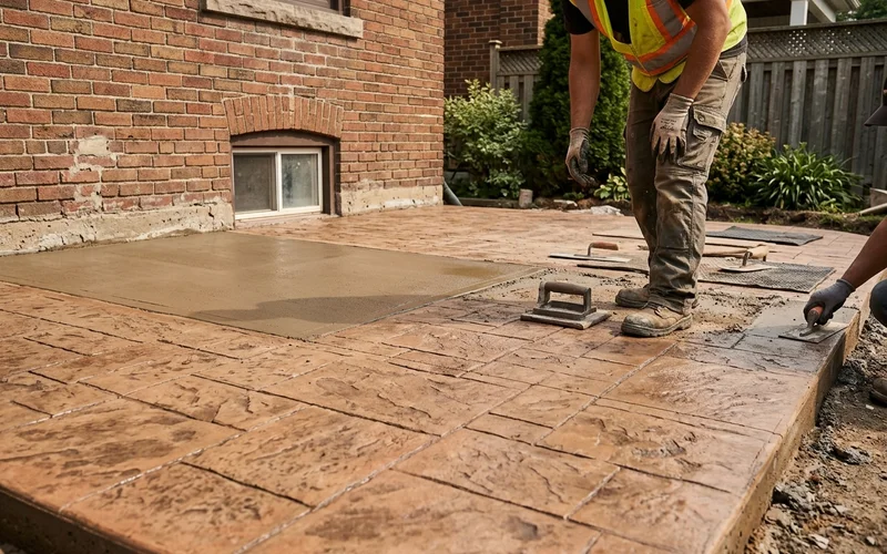 Stamped concrete overlay with a natural stone pattern on a patio
