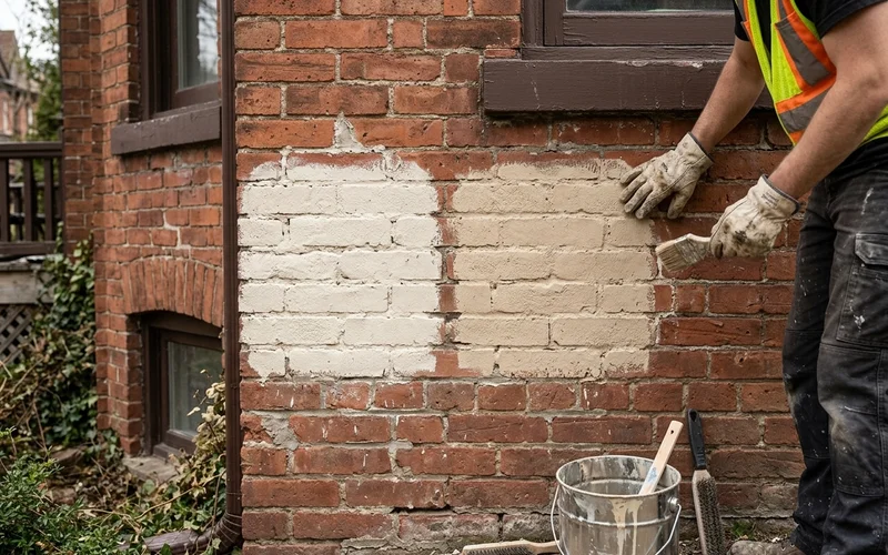 Two limewash test patches on a red brick wall
