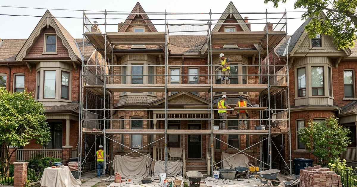Scaffolding on a Victorian semi facade in Old Toronto during restoration