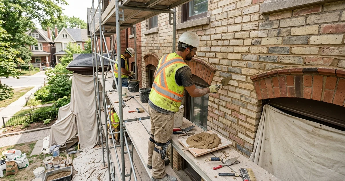 Heritage mason applying colour-matched lime mortar to a Victorian brick facade