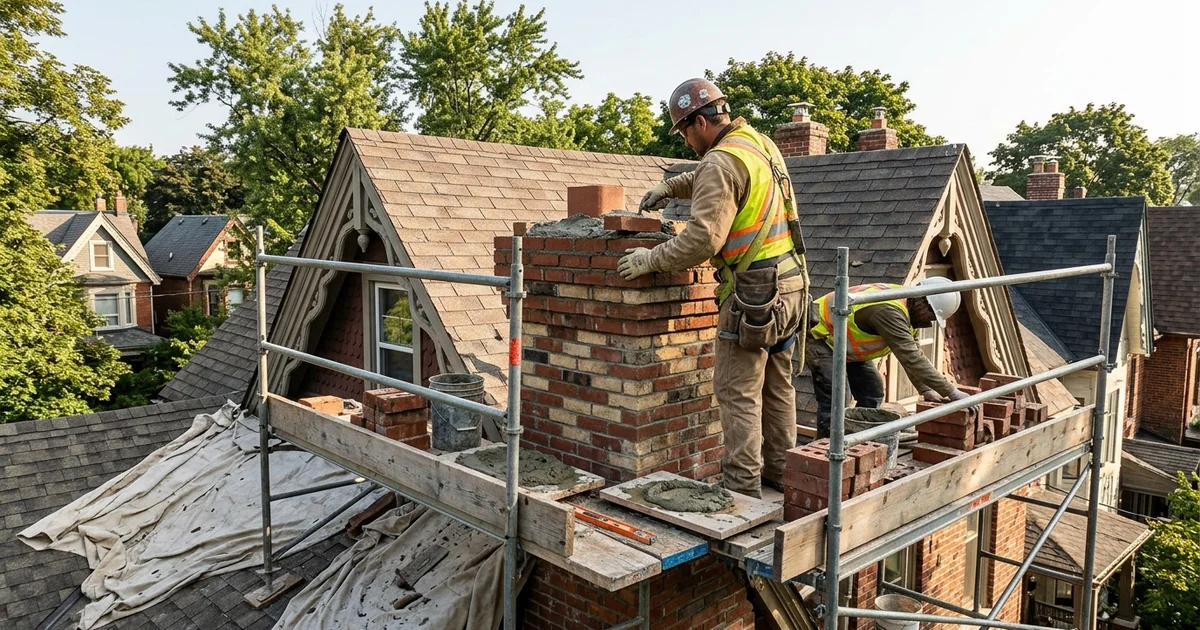 Mason rebuilding a red brick chimney above the roofline of a Toronto Victorian home