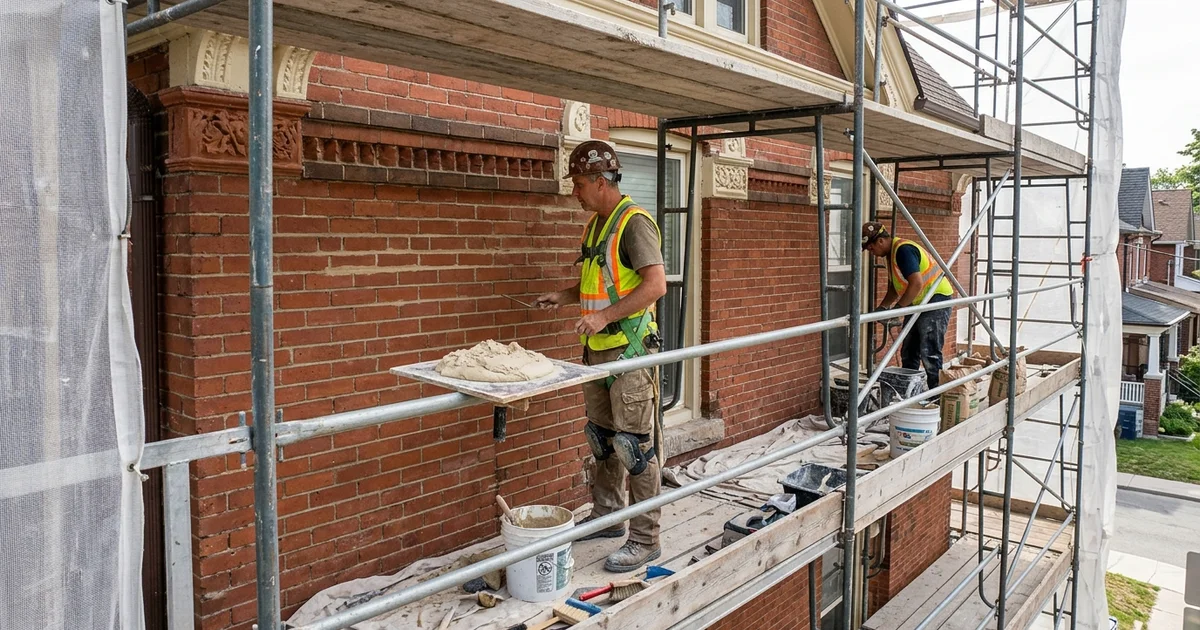 Mason tuckpointing red Victorian brick with buff lime mortar on a Toronto facade