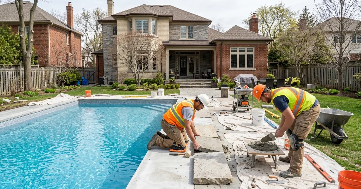 Mason resetting stone pool coping on a backyard pool