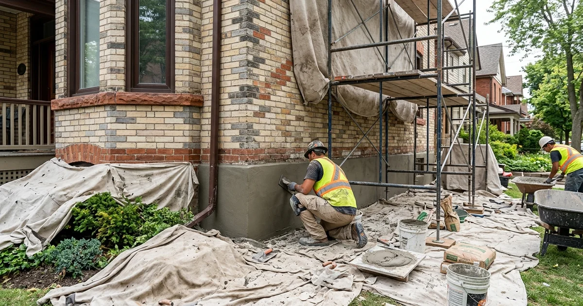 Mason troweling a smooth finish coat of foundation parging on a Toronto home
