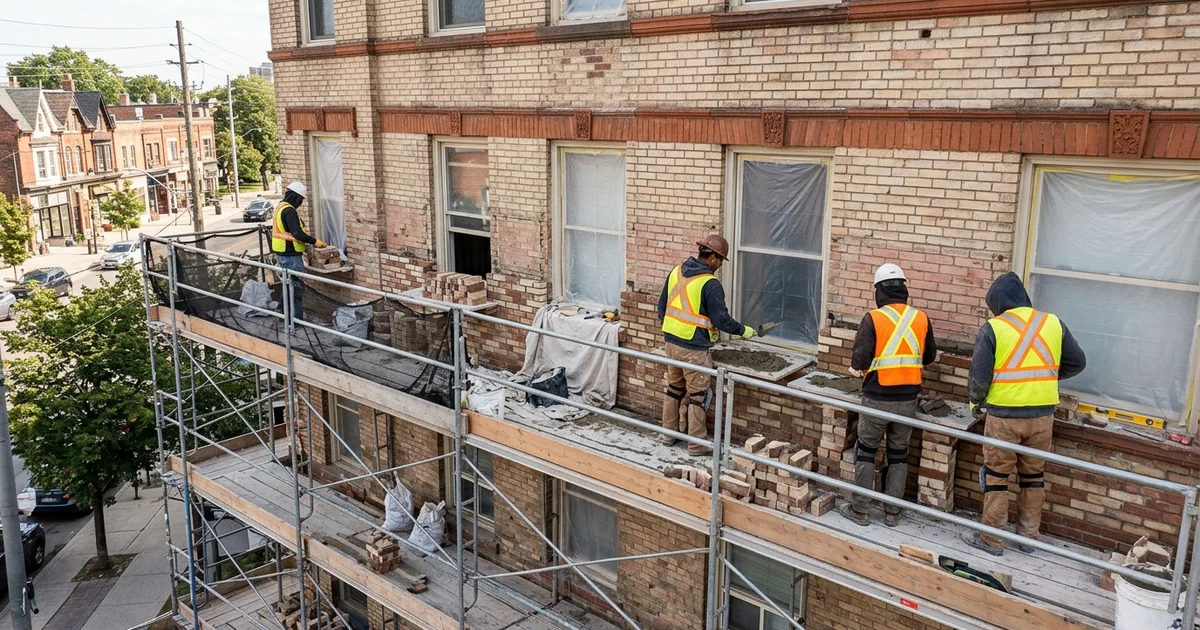 Masonry contractor crew laying brick from scaffolding on a Toronto building