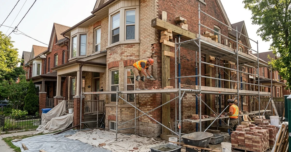 Masons rebuilding a bowing brick wall section with temporary shoring