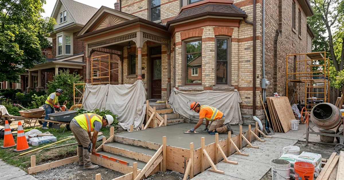 New concrete front steps and landing being formed at a Toronto house