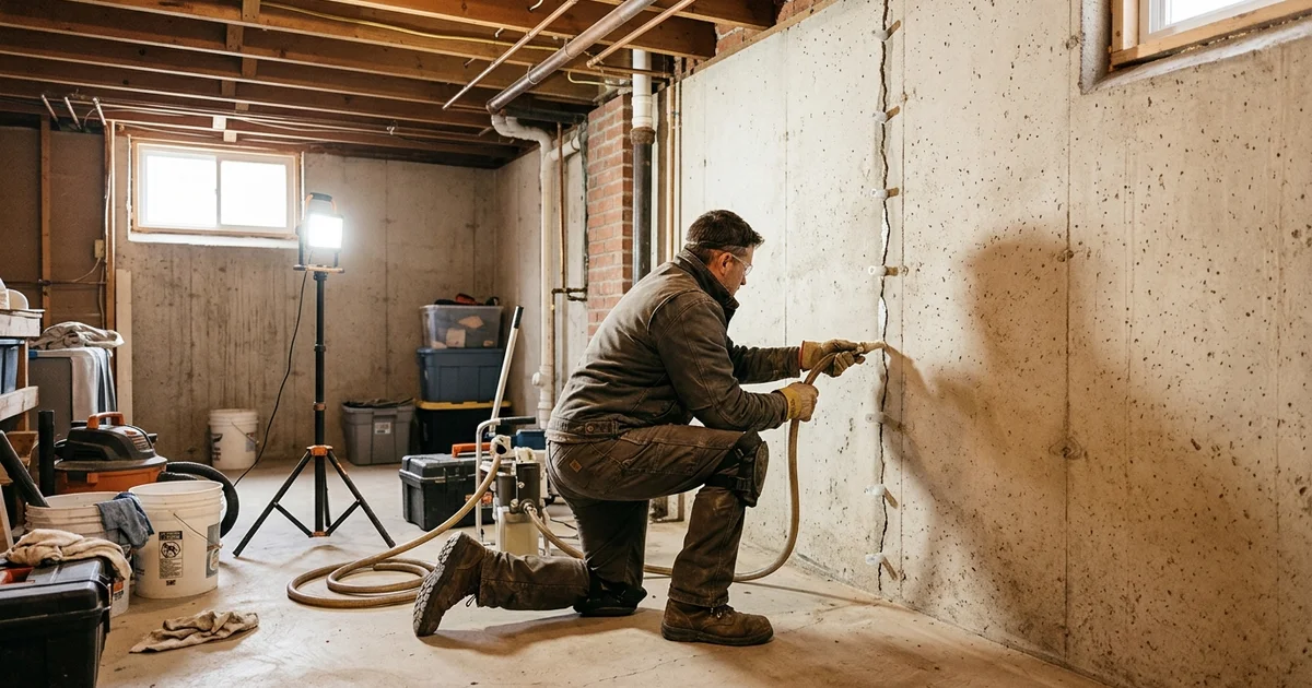 Technician injecting a vertical crack in a poured concrete basement wall