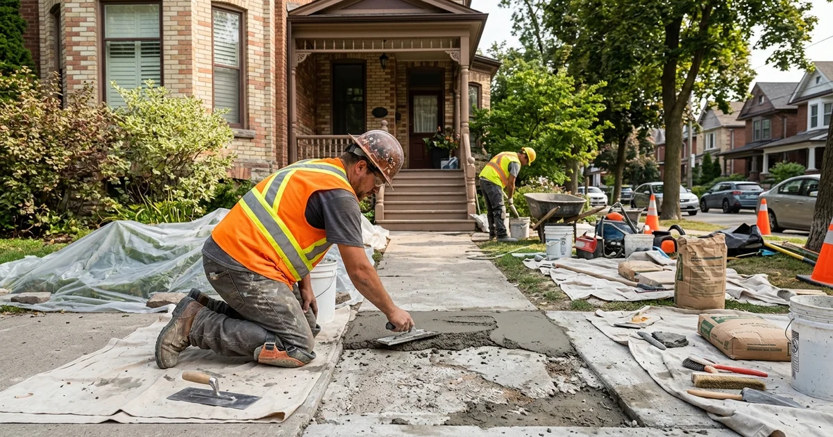 Worker repairing a spalled concrete walkway in front of a Toronto house