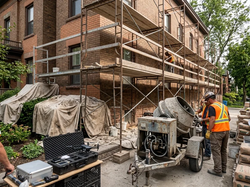 Company-owned scaffolding, mortar mixer and drone on an organized Toronto job site