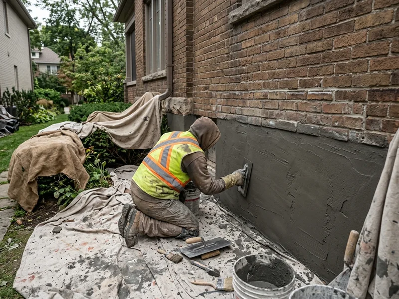 Fresh hand-smoothed foundation parging along a Forest Hill brick home