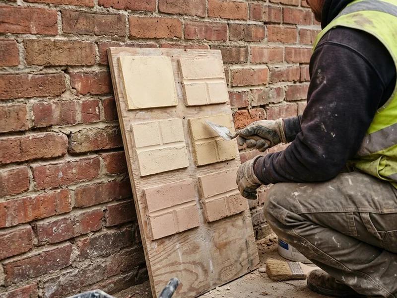 Lime mortar sample panels in cream, buff and pink tones next to heritage brick