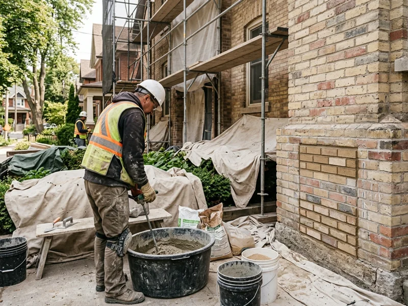 Mason mixing custom lime mortar beside a sample panel on buff heritage brick