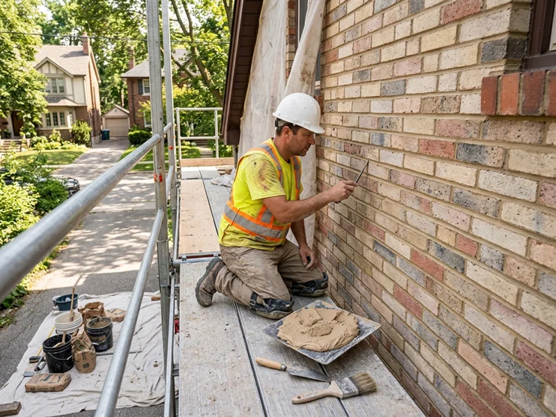Mason tuckpointing a brick wall on an Etobicoke home