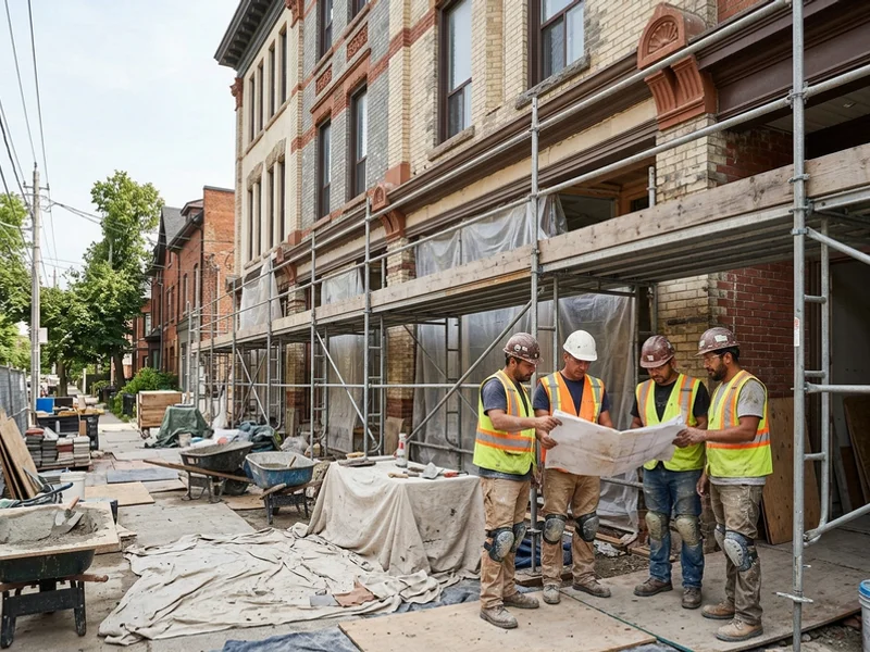 Toronto Elite Masonry crew reviewing drawings beside a scaffold