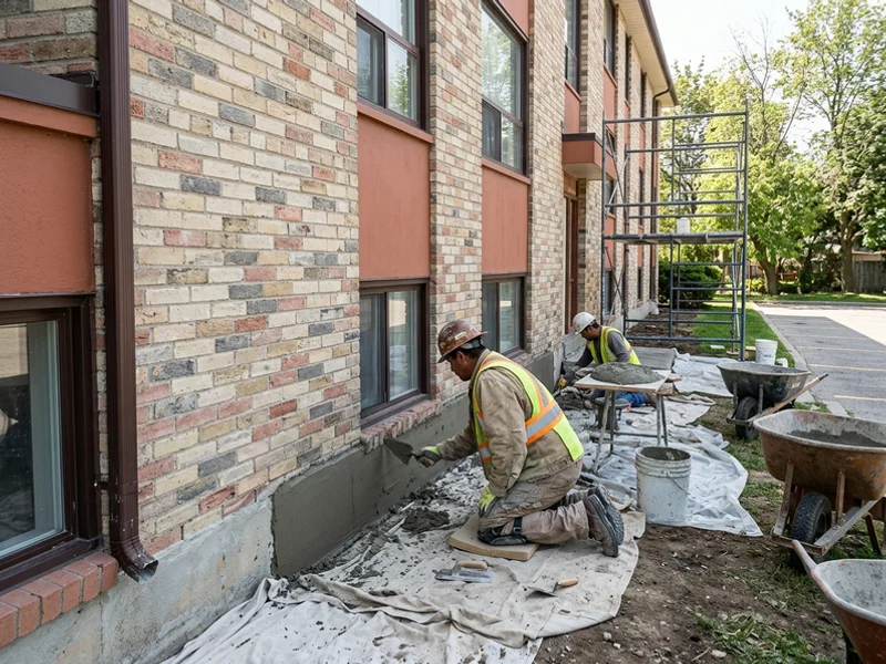 Masons parging the foundation of a multi-unit building in Mississauga
