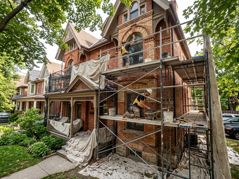 Masons repointing a red brick Victorian facade on a downtown Toronto street