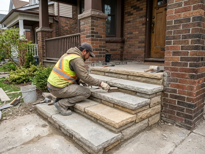 Hand-cut Credit Valley limestone front steps on a house in The Beaches