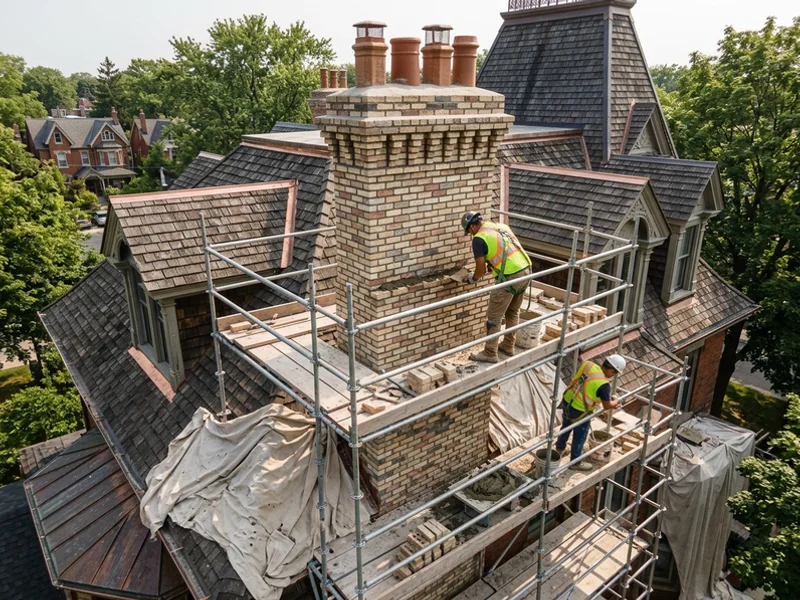 Rebuilt heritage brick chimney on a Rosedale Edwardian home with scaffolding in place