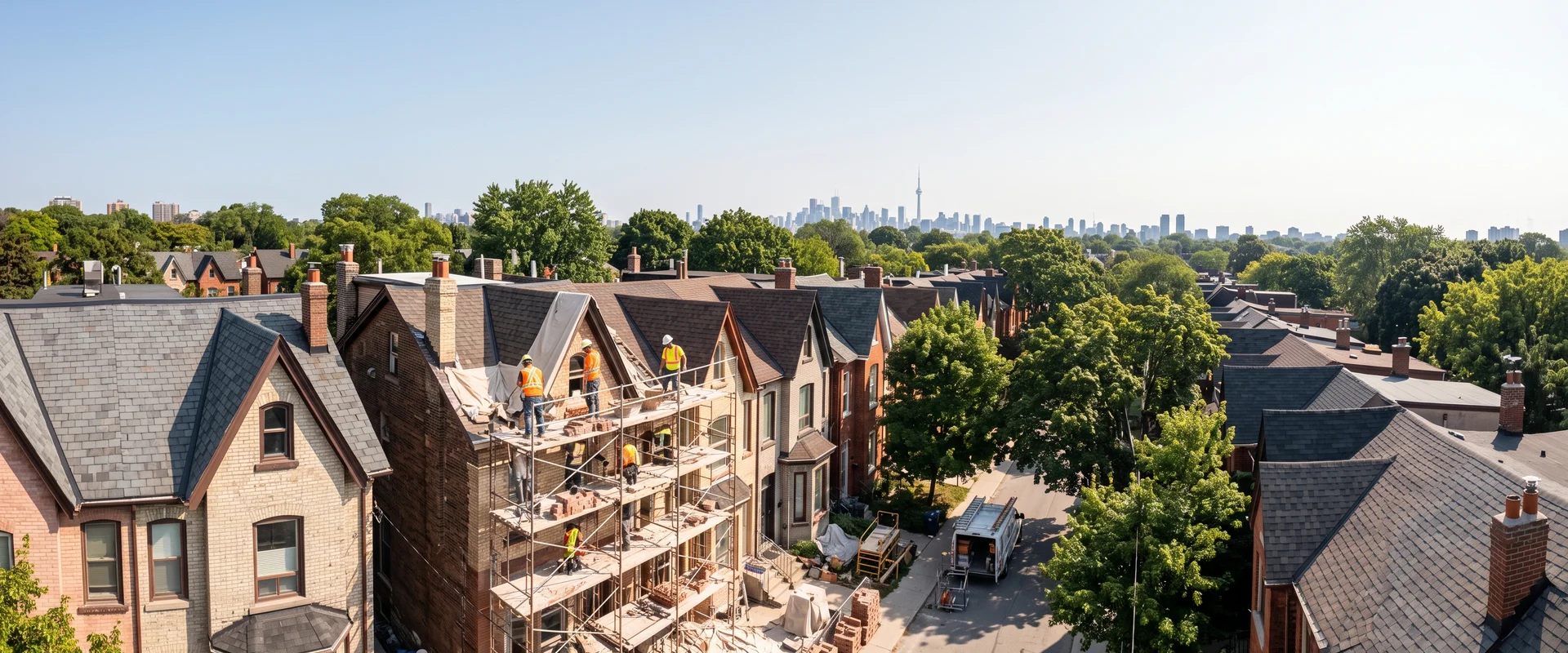 Toronto brick neighbourhood rooftops and chimneys with the downtown skyline
