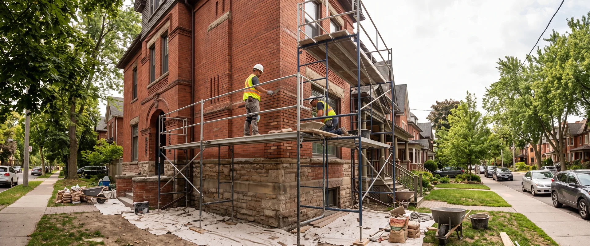 Annex-style Romanesque Revival brick house with a rough stone base
