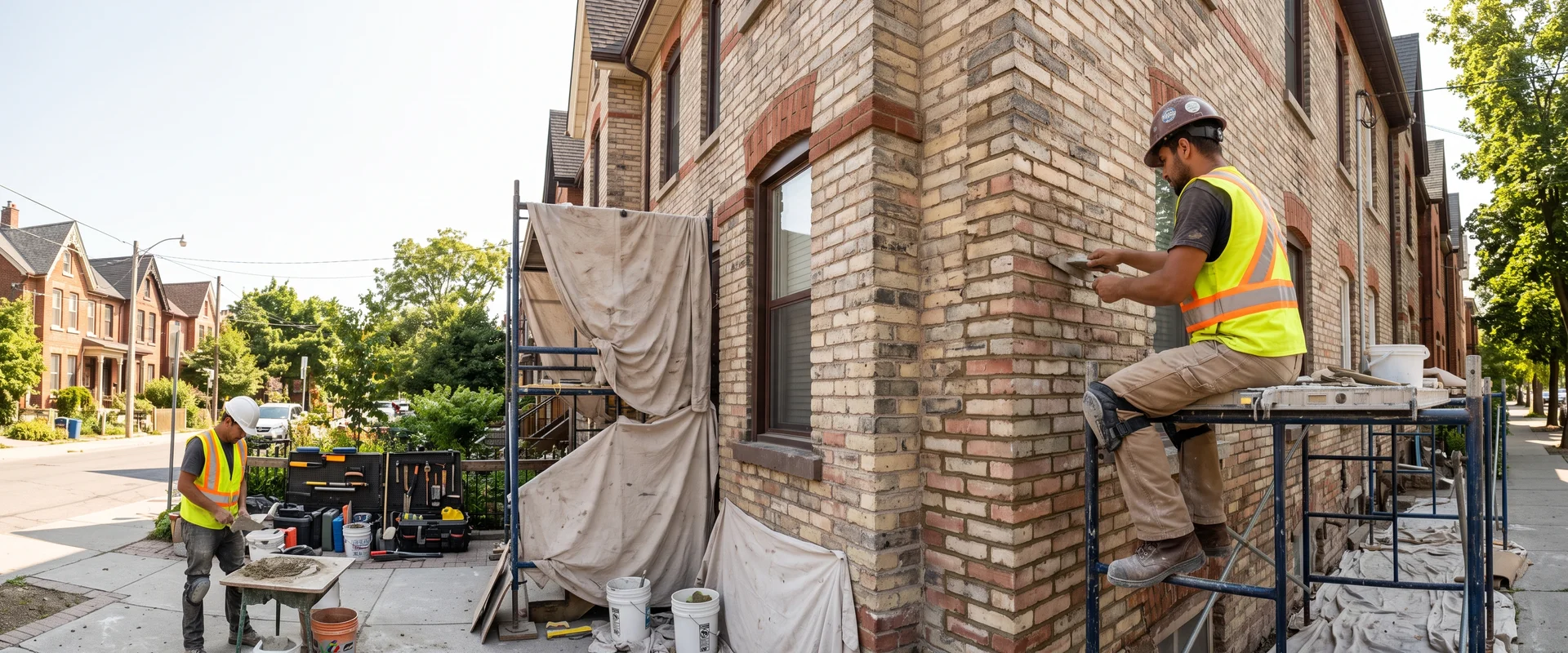 Cabbagetown Victorian row houses with lime mortar repointing underway