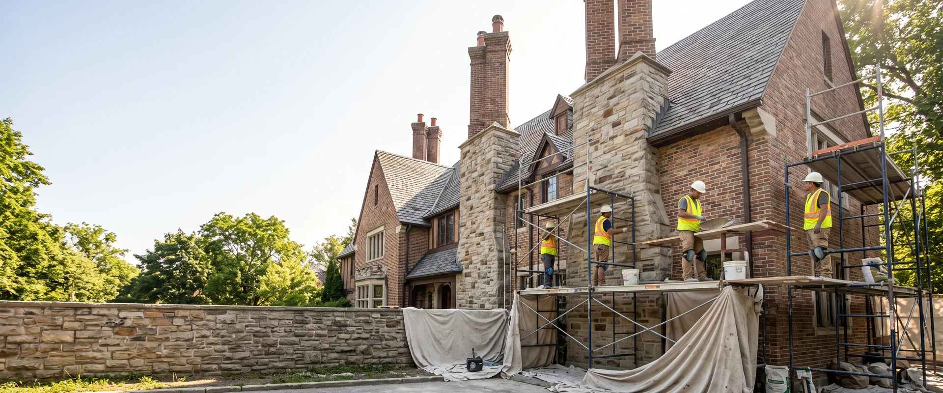 Forest Hill Tudor Revival estate home with a tall multi-flue chimney