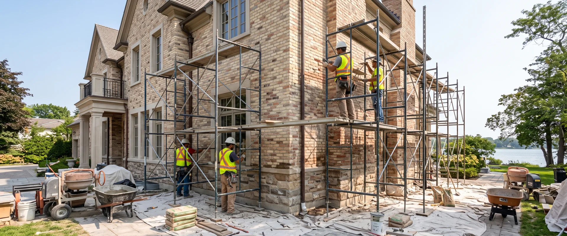 Old Oakville heritage stone and brick home during facade restoration