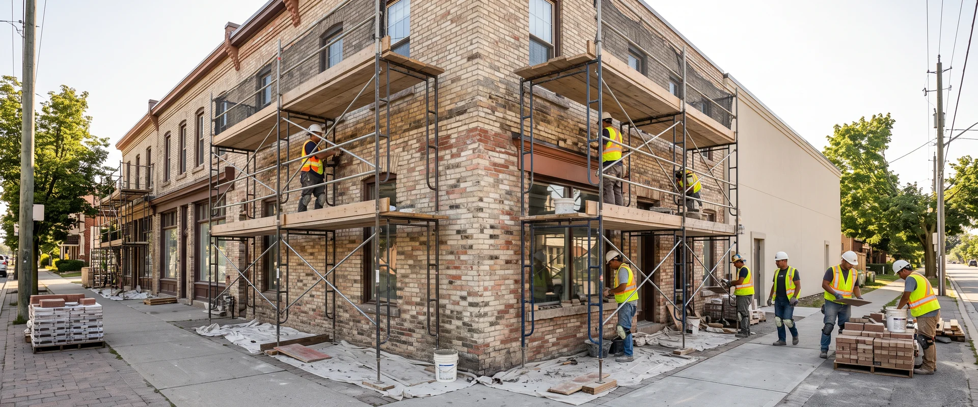 Port Credit brick storefront and multi-unit building with masonry scaffolding