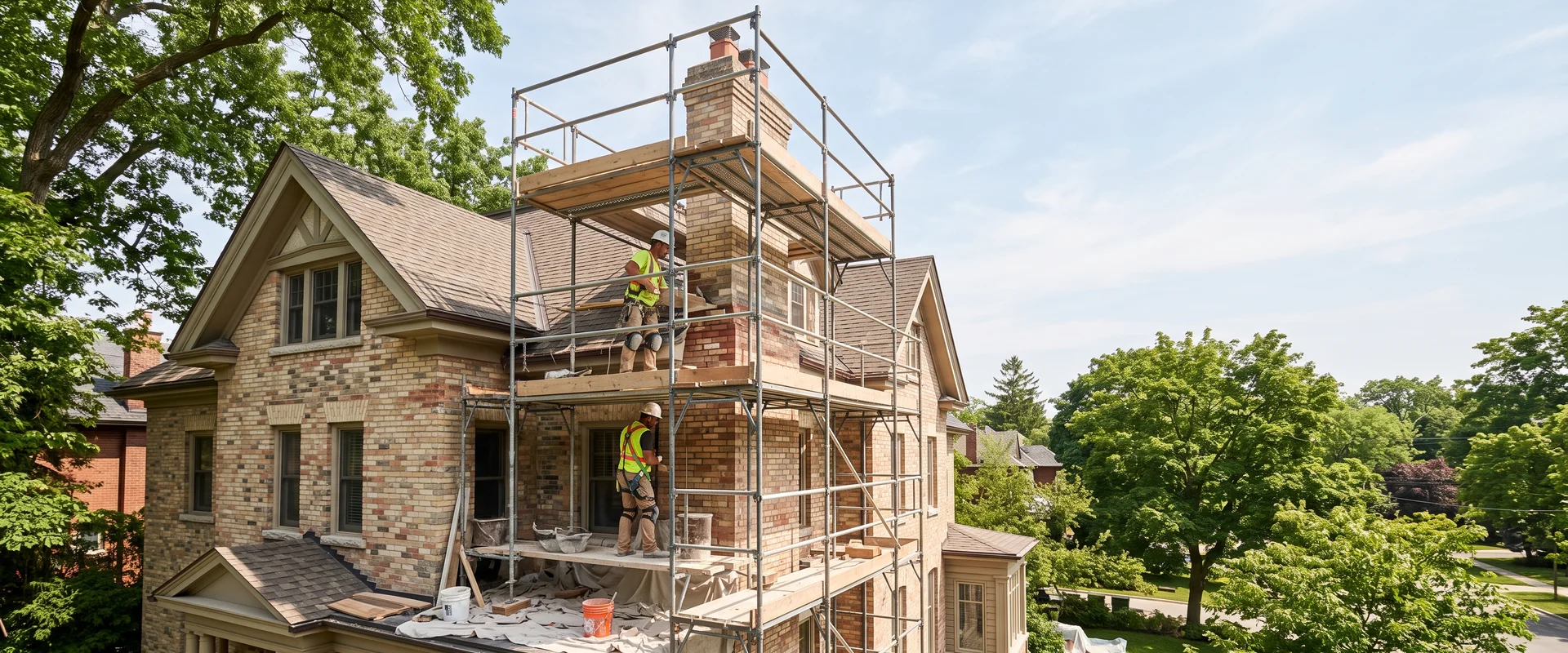 Rosedale Edwardian brick home with scaffolding around a heritage chimney