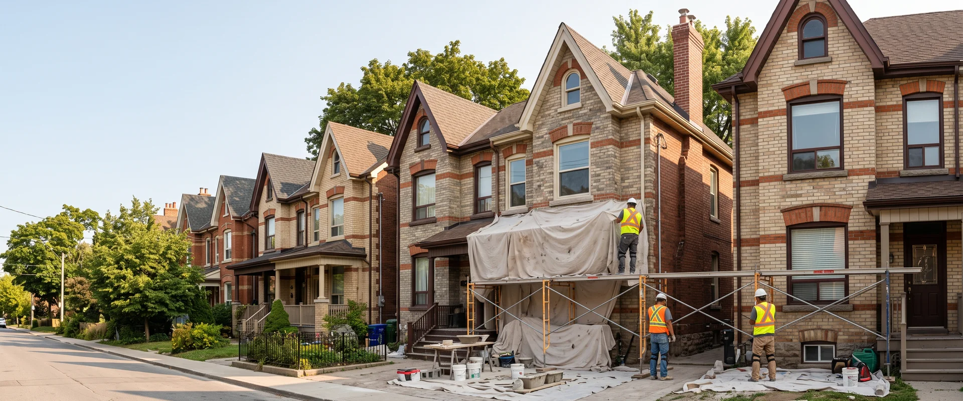Restored Toronto brick homes with fresh lime mortar joints and a rebuilt chimney