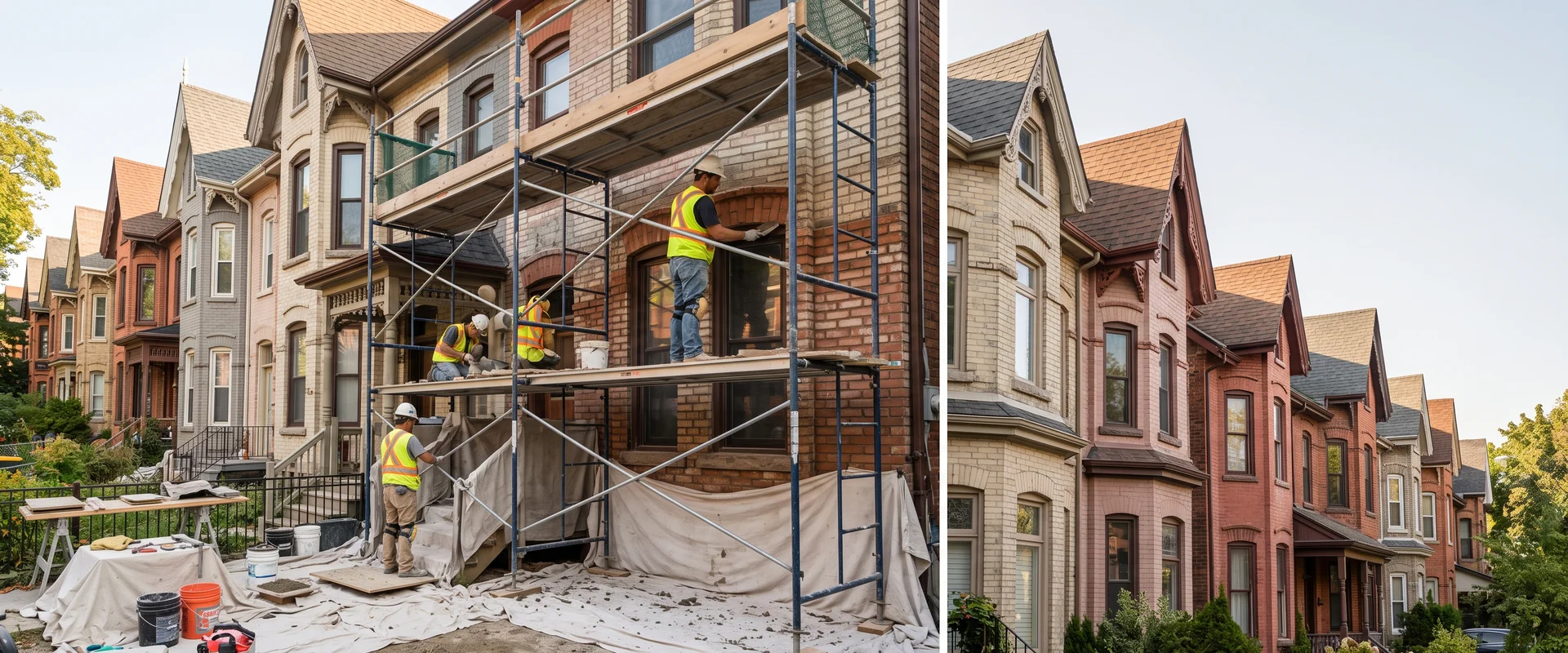 Victorian bay-and-gable brick houses in Old Toronto with masonry scaffolding