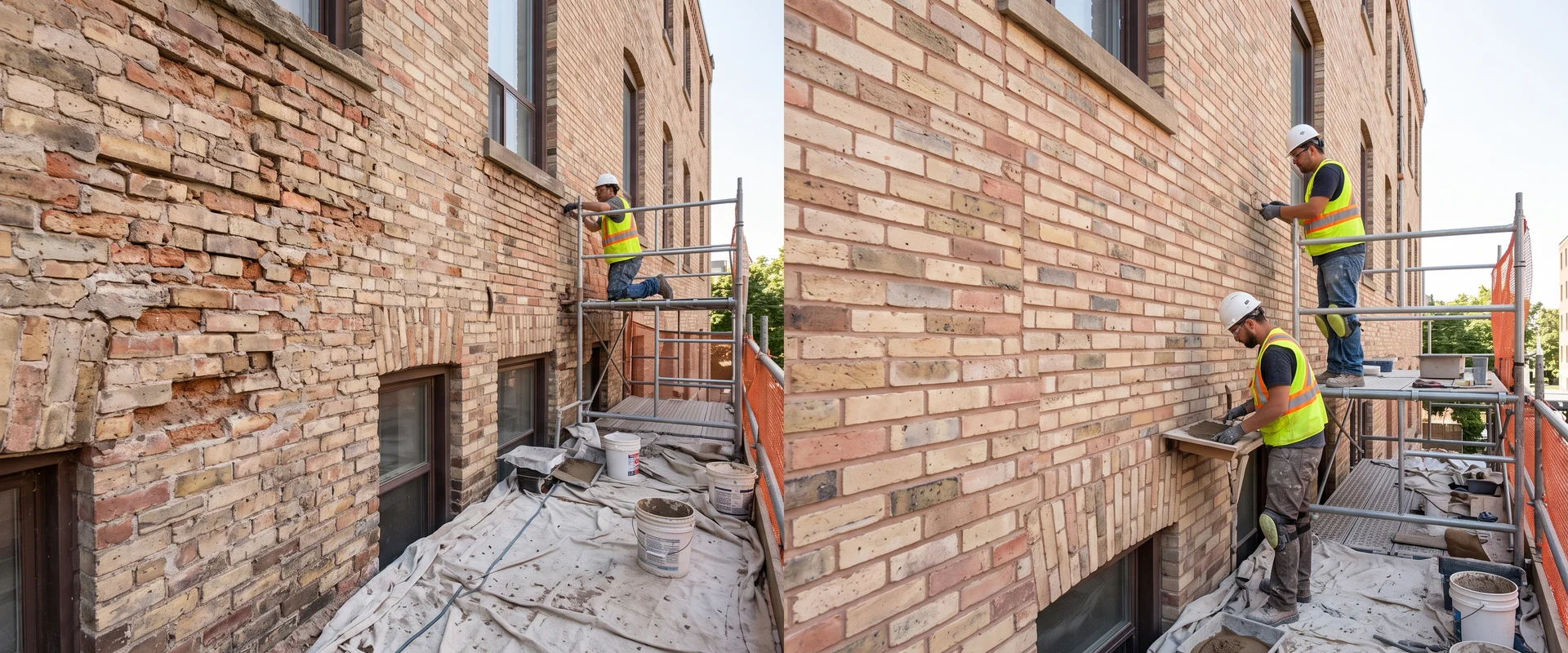 Crumbling mortar next to freshly tuckpointed heritage brick on a Toronto facade