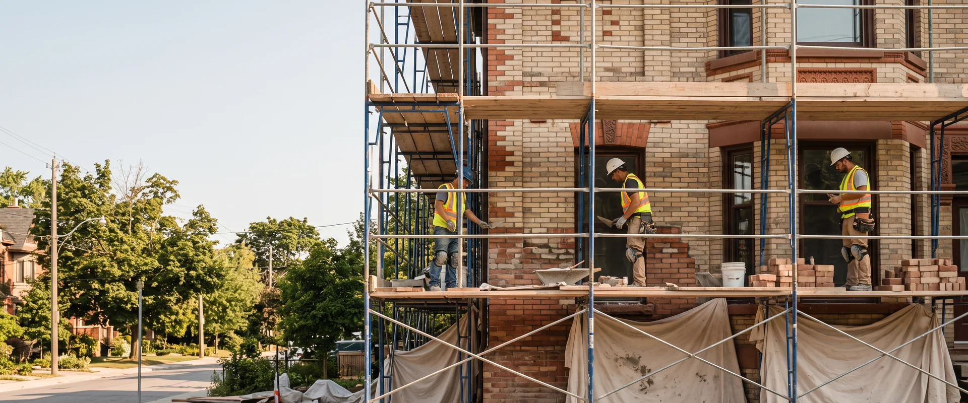 Toronto Elite Masonry crew restoring an Edwardian brick facade from scaffolding